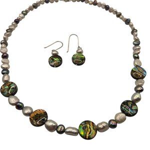 Paua Shell Freshwater Pearl Necklace Dangle Earrings Set Sterling Silver